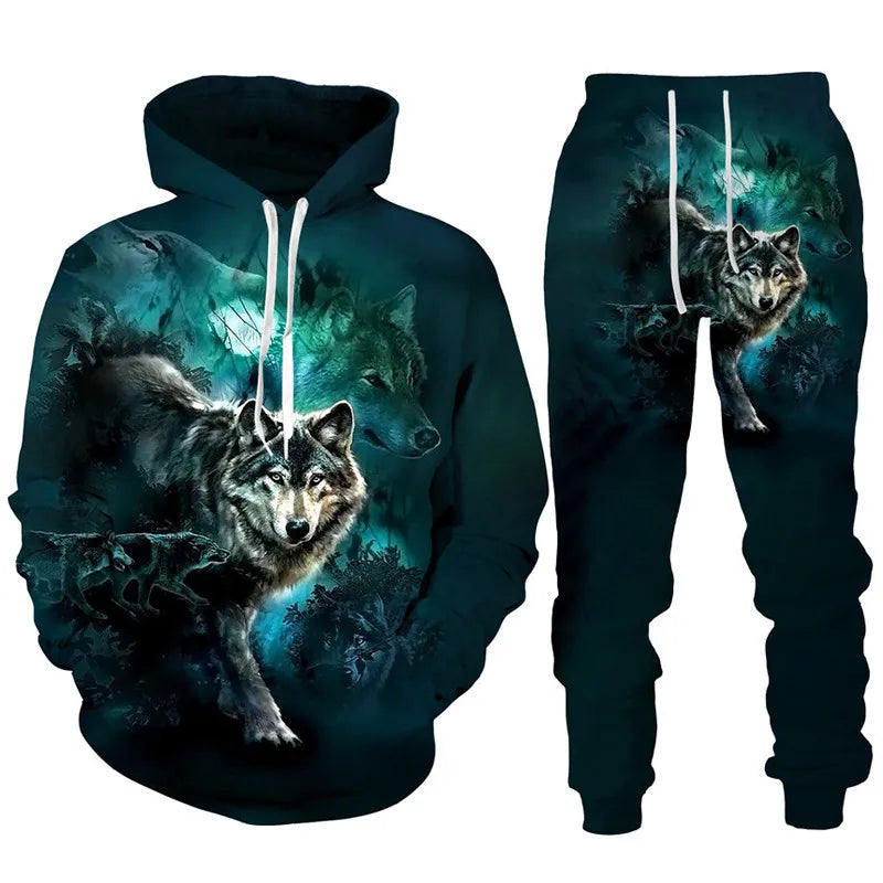 Ensemble de survêtement imprimé 3D pour hommes et femmes, sweat à capuche Cool Forest Wolf, pantalon imbibé, tenues de couple Hip Hop, personnalité High Streetwear, mode