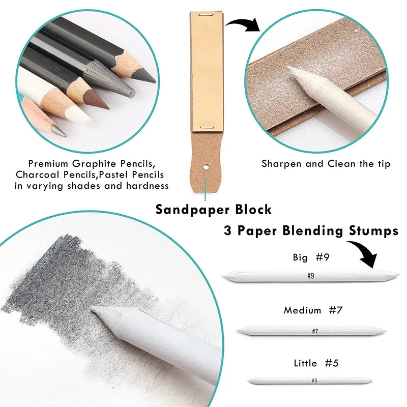 Bview Art Pro Art Kit 49 pièces-ensemble de fournitures de croquis avec crayons graphite/charbon de bois, bloc de croquis et outils pour artistes adultes