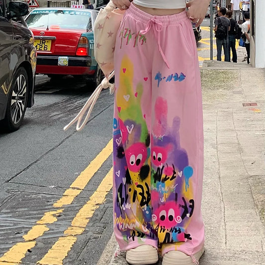 Pantalon décontracté Kawaii Dopamine Graffiti pour femme, taille haute élastique, poches Wstring, jambe large, été