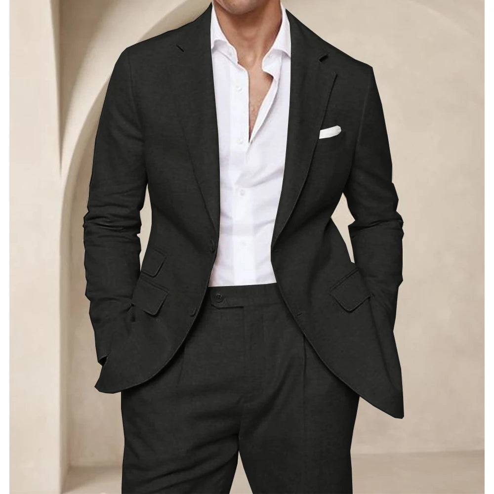 Costume deux pièces en lin pour hommes, Cool, respirant, élégant, mode, Design Slim, robe de mariée, vêtements de travail, confortable, nouveau, été
