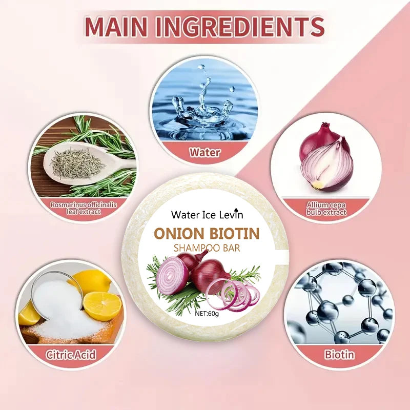 Savon shampooing à la biotine à l'oignon 60g pour le soin du cuir chevelu, cheveux hydratants et lissants, riche dans l'extrait de plante d'oignon, adapté à tous les types de cheveux