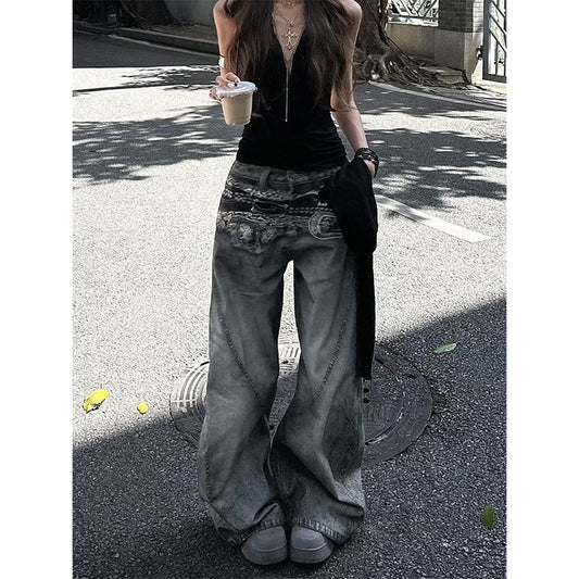 Pantalon en jean imprimé taille haute pour femmes, Vintage américain Hip-hop, Baggy décontracté Y2K, jambes larges, Style Streetwear Grunge, pantalon en Denim
