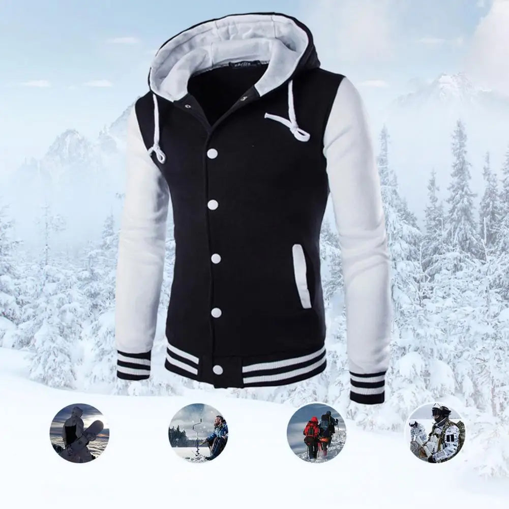 Veste à capuche pour hommes, printemps-automne, Patchwork de couleurs, manteau avec cordon de serrage, manches longues, simple boutonnage, manteau de Baseball, Streetwear