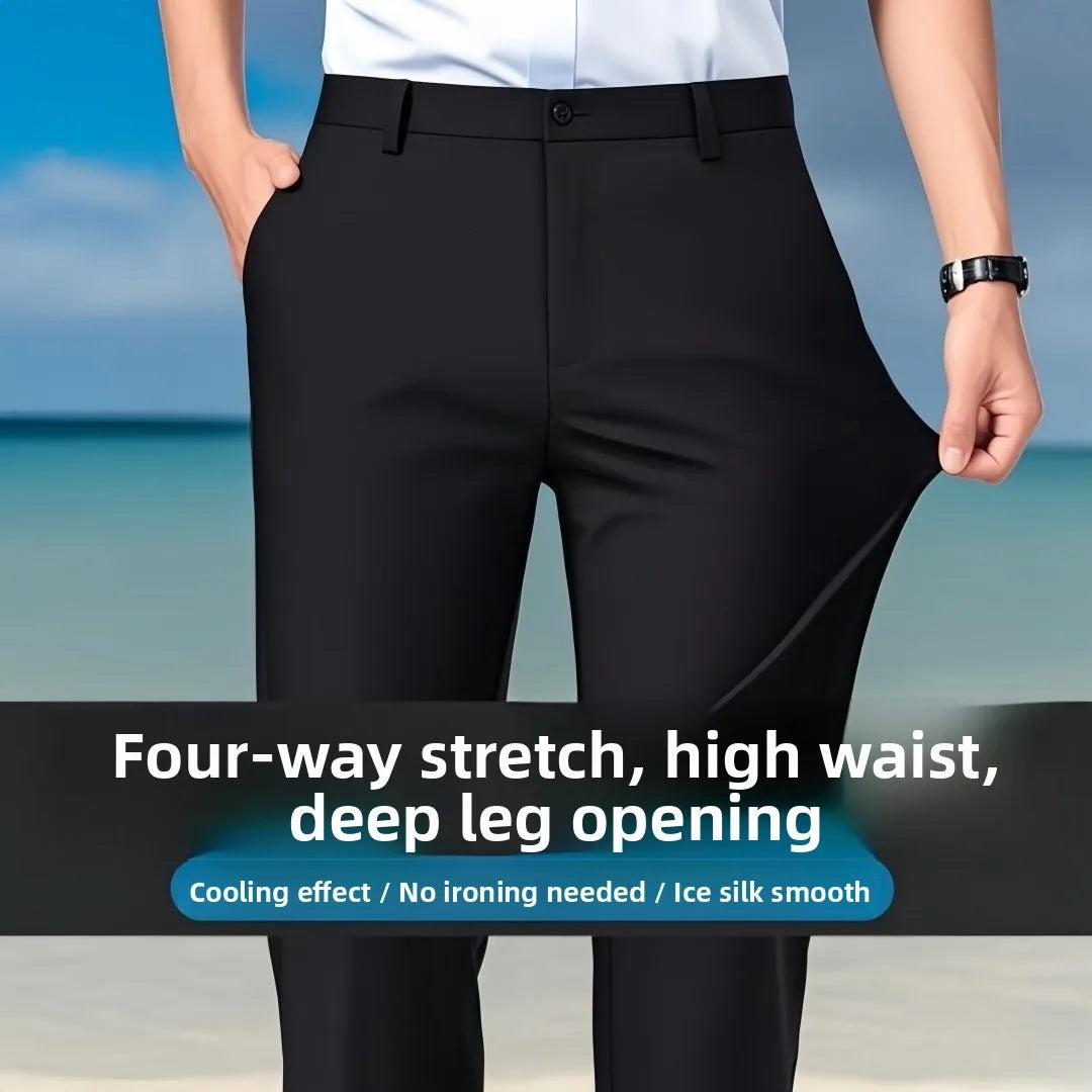 Pantalon pour hommes en soie glacée lisse et soyeuse, Ultra-fin, drapé à haute élasticité, décontracté, ample, jambe droite, Long, pour l'été, tenue de bureau