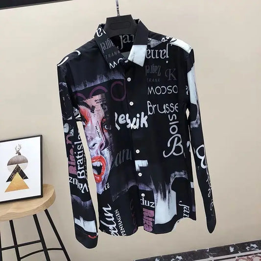 Chemise à manches longues à col rabattu pour hommes, cardigan boutonné High Street, impression de lettres, mode décontractée, printemps, automne, nouveau