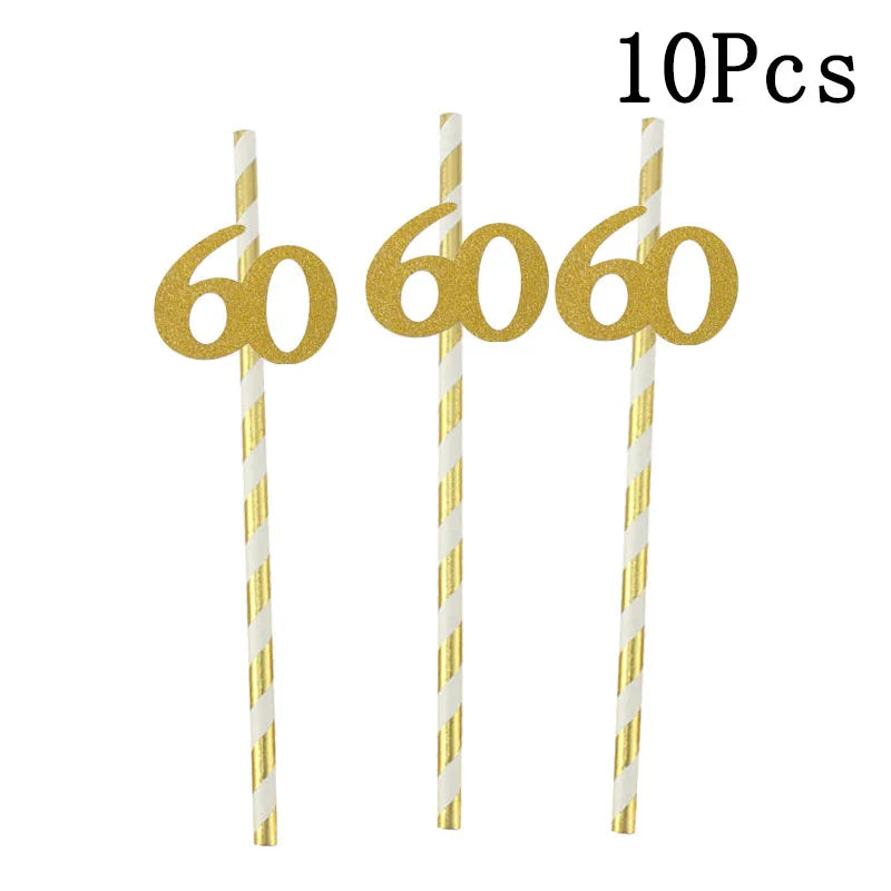 Pailles en papier à rayures dorées, 1 sac, numéro 30e 40e 50e 60e, lunettes à ceinture, pailles à boissons joyeux anniversaire pour adultes, décoration de fête en ballon