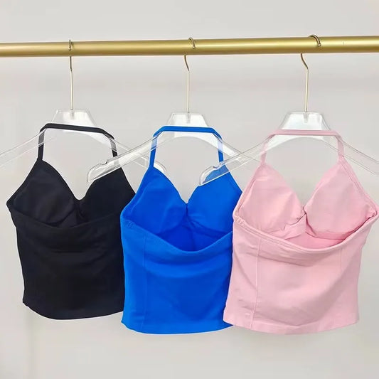Haut de sport à bretelles palangre, dos nu, Logo personnalisé, vêtements de sport pour femmes, soutien-gorge intégré froissé avec bonnets amovibles, débardeurs de Yoga