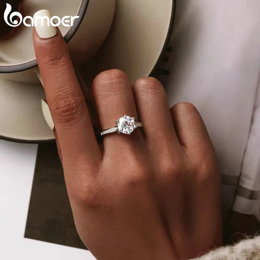 BAMOER 3CT 925 bague de fiançailles en argent Sterling coupe ronde zircon cubique amour pour toujours bande pour les femmes de mariage SCR342
