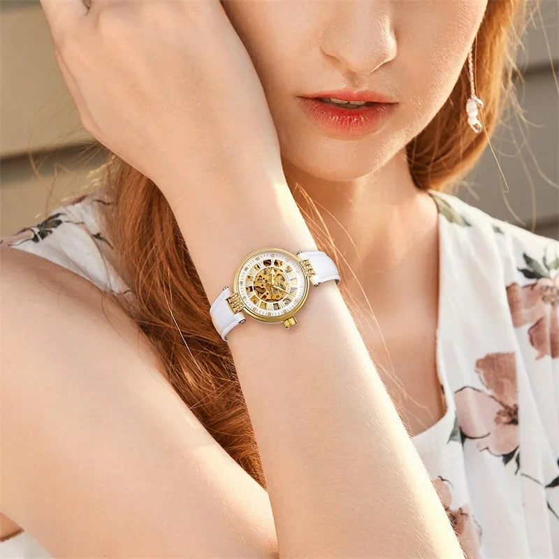 FORSINING-Montre mécanique automatique pour femme, blanc, doré, module, montre-bracelet, mode, business