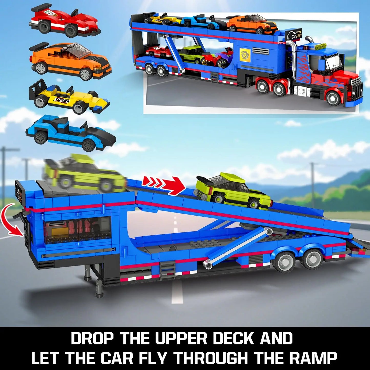 Ensemble de construction de camion transporteur de ville avec 7 voitures, semi-camion de remorquage à rampe de chargement réglable avec remorque transporteuse, jouet cadeaux pour enfants 8 +