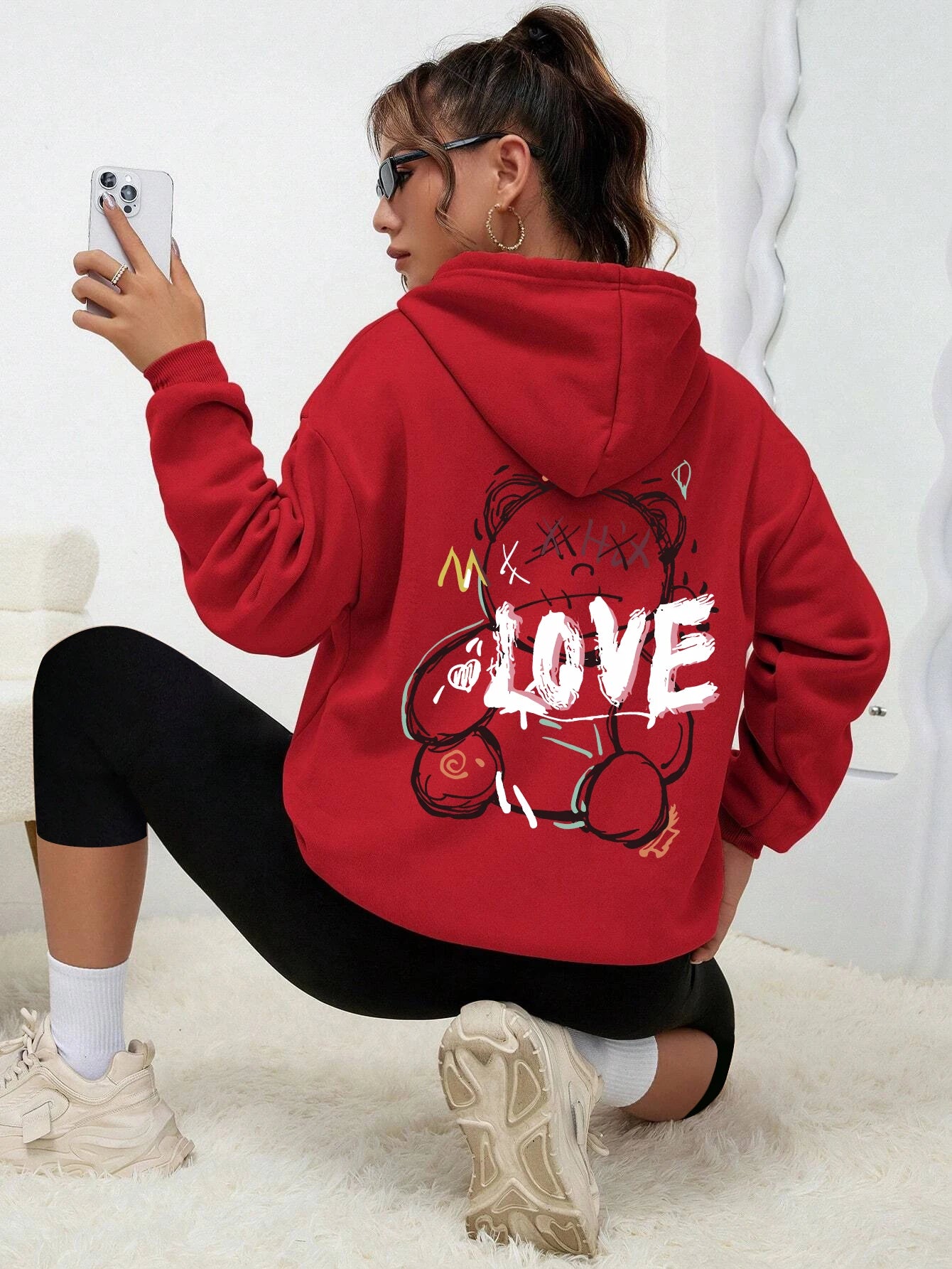 Graffiti ligne ours Simple imprimé femme à capuche Harajuku s-xxl sweat mode décontracté rue à capuche automne chaud Streetwear femmes