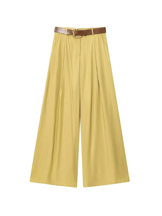 TRZA taille haute pantalon à jambes larges pour femmes mode ceinture avant fléchettes poches latérales pantalon femme