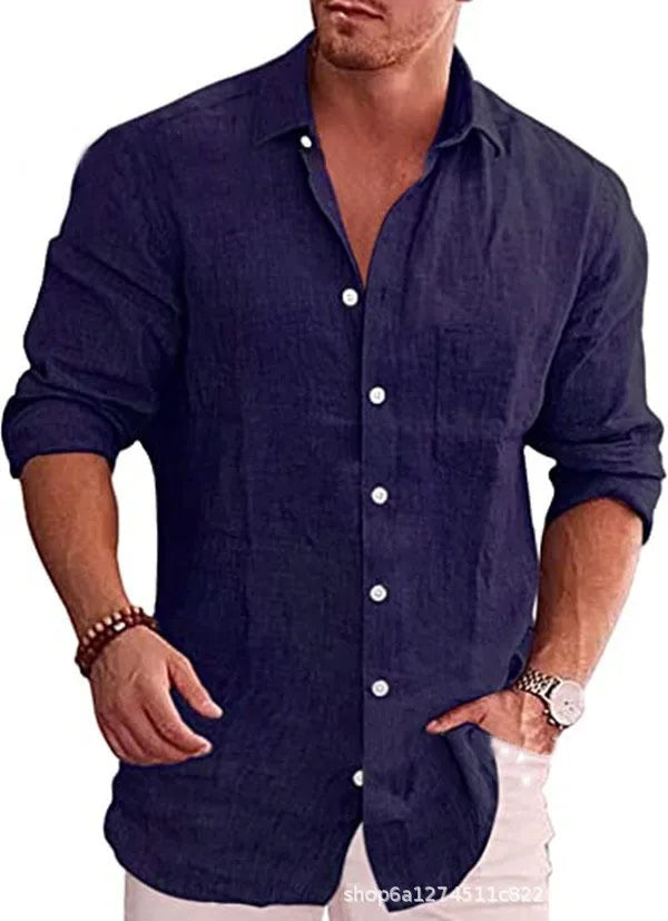 Chemise ample grande taille pour hommes, couleur unie, col en lin, manches longues, chemise décontractée