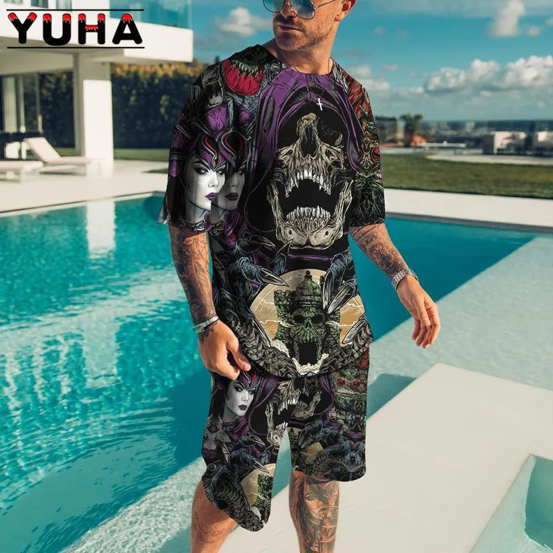 YUHA – ensemble t-shirt manches courtes pour hommes, vêtements d'été pour hommes, impression de squelette Terrible en 3D, Short décontracté, survêtement masculin 2 pièces, nouvelle collection