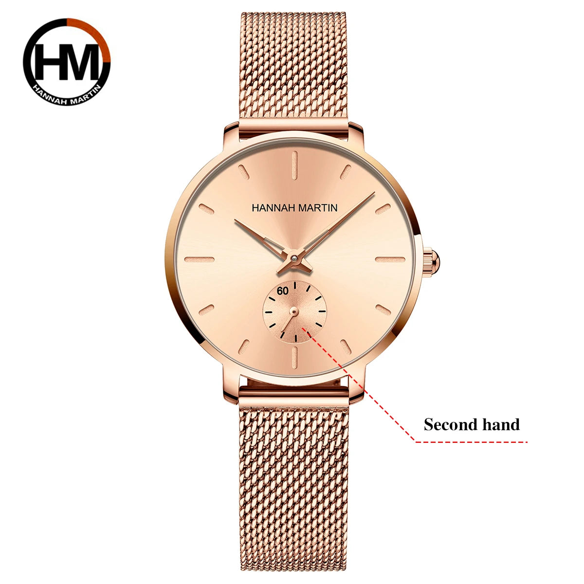 HANNAH MARTIN Top marque femmes montre 1335 synchronisation sous-cadran en acier inoxydable maille mouvement à Quartz or Rose 33mm