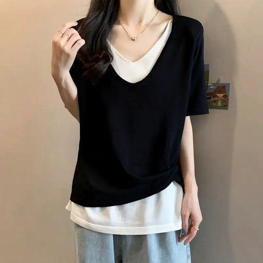 Économie à manches courtes et col en V pour femmes, pulls élégants, patchwork de documents solides, vêtements décontractés, mode sexy, simplicité, 2023