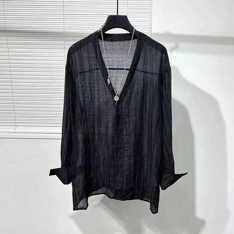 Chemise en maille transparente à col en V pour hommes, chemise à manches longues, chemise boutonnée en dentelle pure, chemises streetwear sexy, printemps, Y-2024