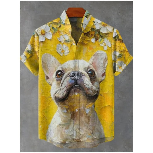 2025 hommes décontracté mode nouvelle chemise en lin Art imprimé chien de compagnie motif chemises mode décontracté et confortable hommes chemise unie