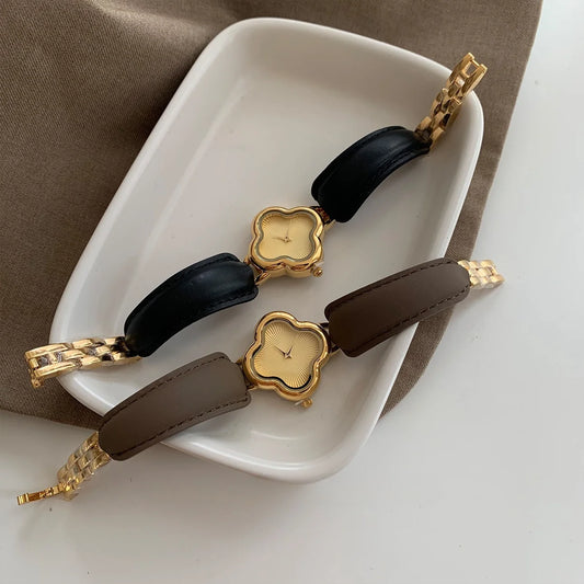 montre pour femme vintage avec trèfle à quatre feuilles bracelet design en cuir rétro montre à quartz