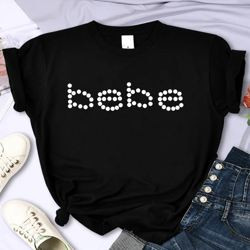 Bebe – T-Shirt à manches courtes et col rond avec lettres imprimées, haut décontracté pour l'été et le printemps, vêtements pour femmes