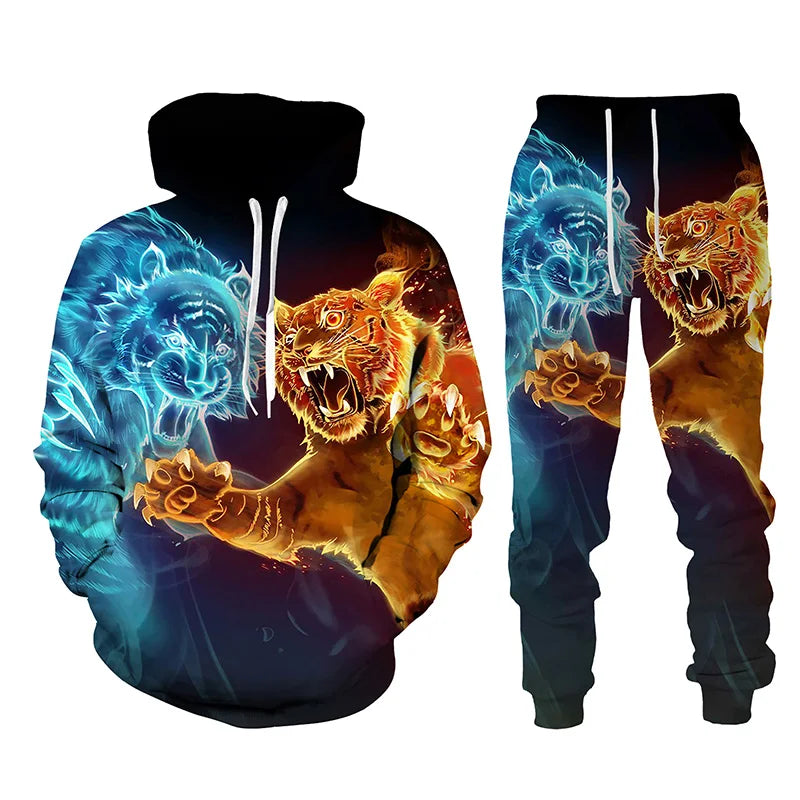 Ensemble de survêtement imprimé tigre animal 3D pour hommes, sweat à capuche et pantalon décontractés, streetwear à la mode, vêtements trempés, automne, hiver, 2 pièces