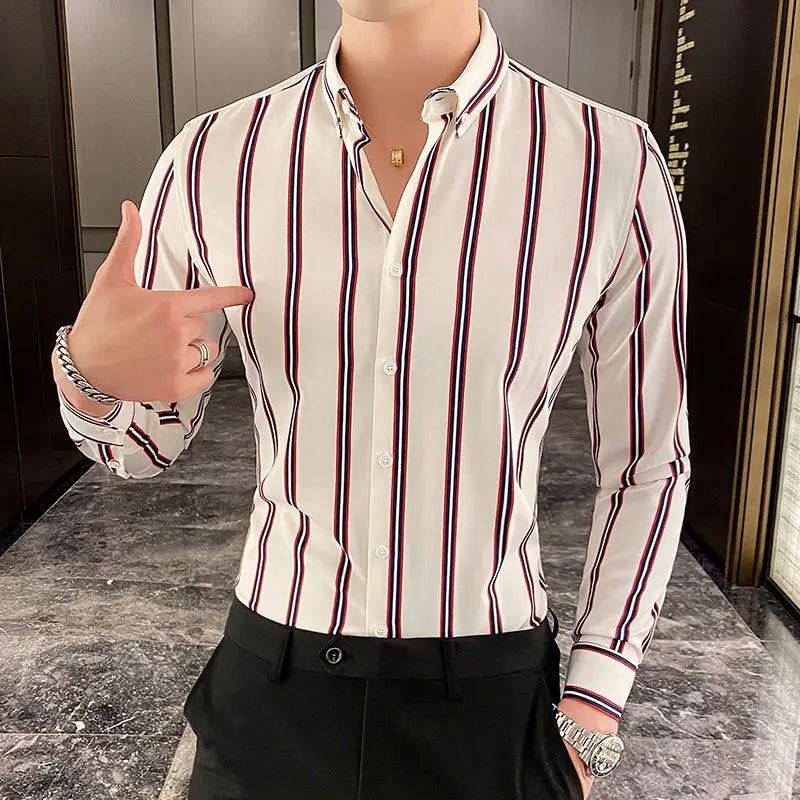 Chemises rayées à boutons formels pour hommes, beau tempérament, col rabattu, maigre, printemps, été, automne, vêtements fins pour hommes, mode