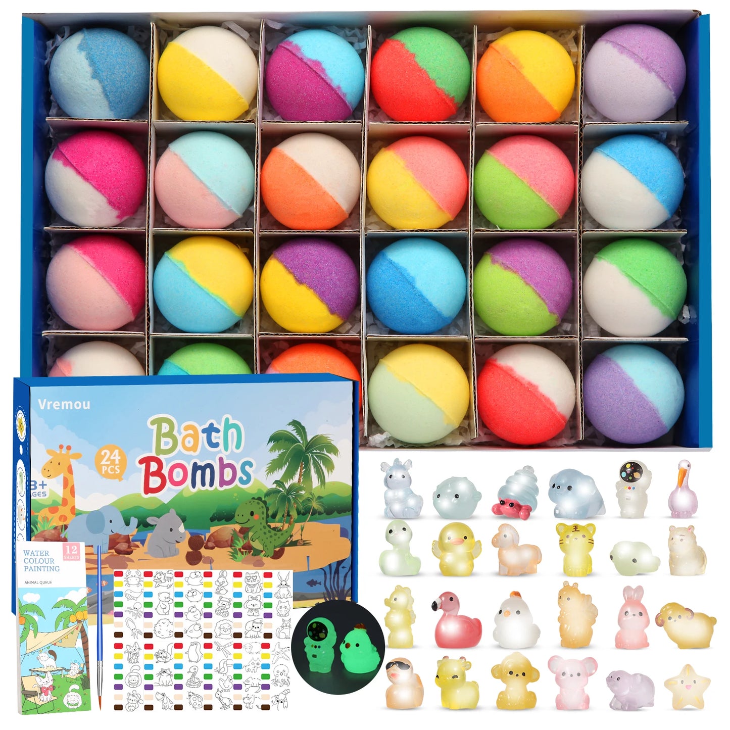 Bombes de bain pour enfants avec jouet à l'intérieur, 24 bombes de bain moussantes naturelles et organiques avec surprise qui brille dans la nuit à l'intérieur