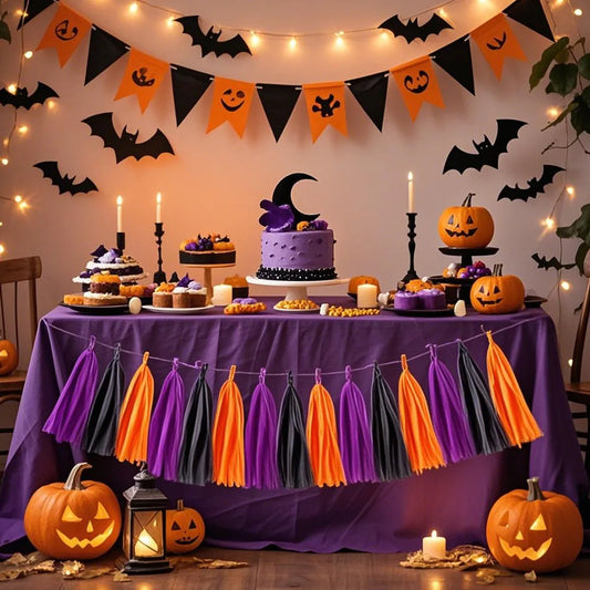Décorations d'Halloween 15 pompons en papier noir orange violet frange 2 pièces