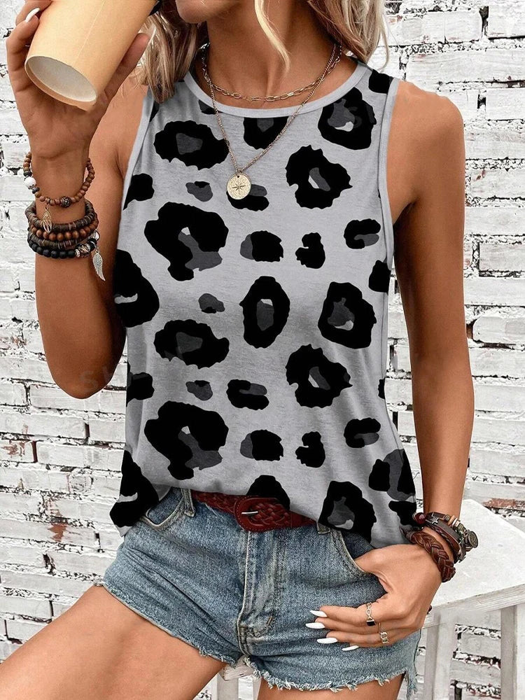Débardeur d'été Sexy imprimé léopard en 3D pour femmes, mode col rond, gilet décontracté, épaules dénudées, Y2k, haut sans manches, Camisole, vêtements pour femmes
