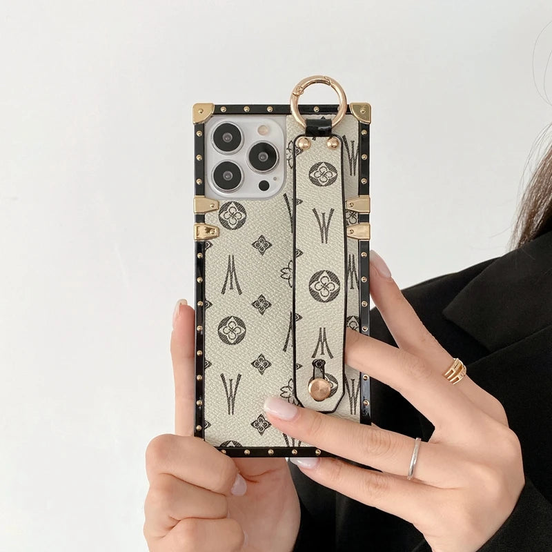 Étui carré en cuir avec dragonne pour iPhone