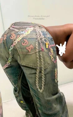 Jean en denim ample à jambes larges, style de rue, rétro, chaîne de bonbons imprimée neutre, nouveau couple, pantalon ample taille basse, printemps et été