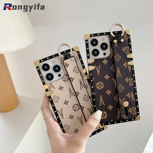 Étui carré en cuir avec dragonne pour iPhone