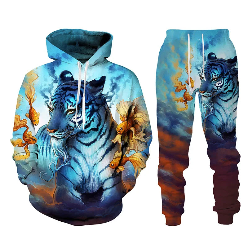 Ensemble de survêtement imprimé tigre animal 3D pour hommes, sweat à capuche et pantalon décontractés, streetwear à la mode, vêtements trempés, automne, hiver, 2 pièces