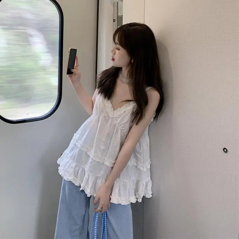 Camisole femmes col en v volants Design doux couleur Pure Style coréen vacances d'été plage mode collège Simple hauts Femme doux