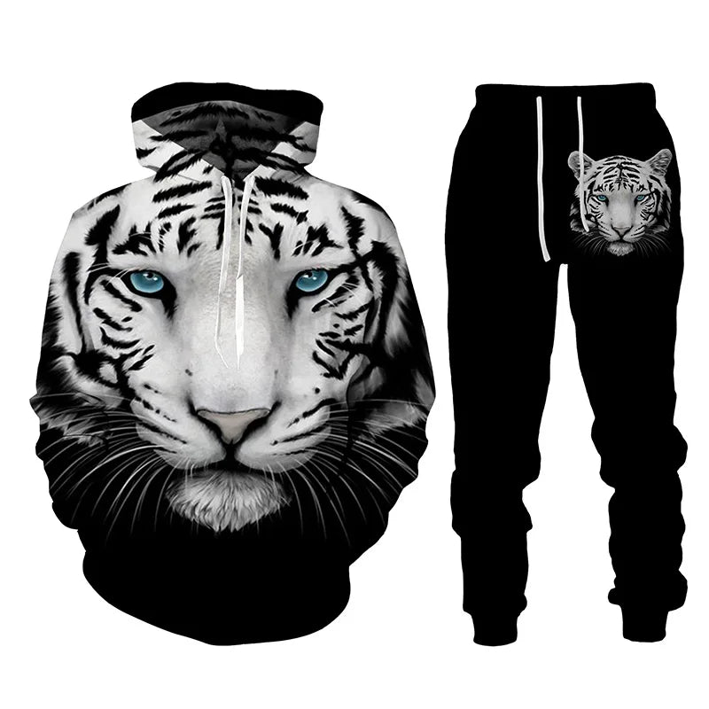 Ensemble de survêtement imprimé tigre animal 3D pour hommes, sweat à capuche et pantalon décontractés, streetwear à la mode, vêtements trempés, automne, hiver, 2 pièces