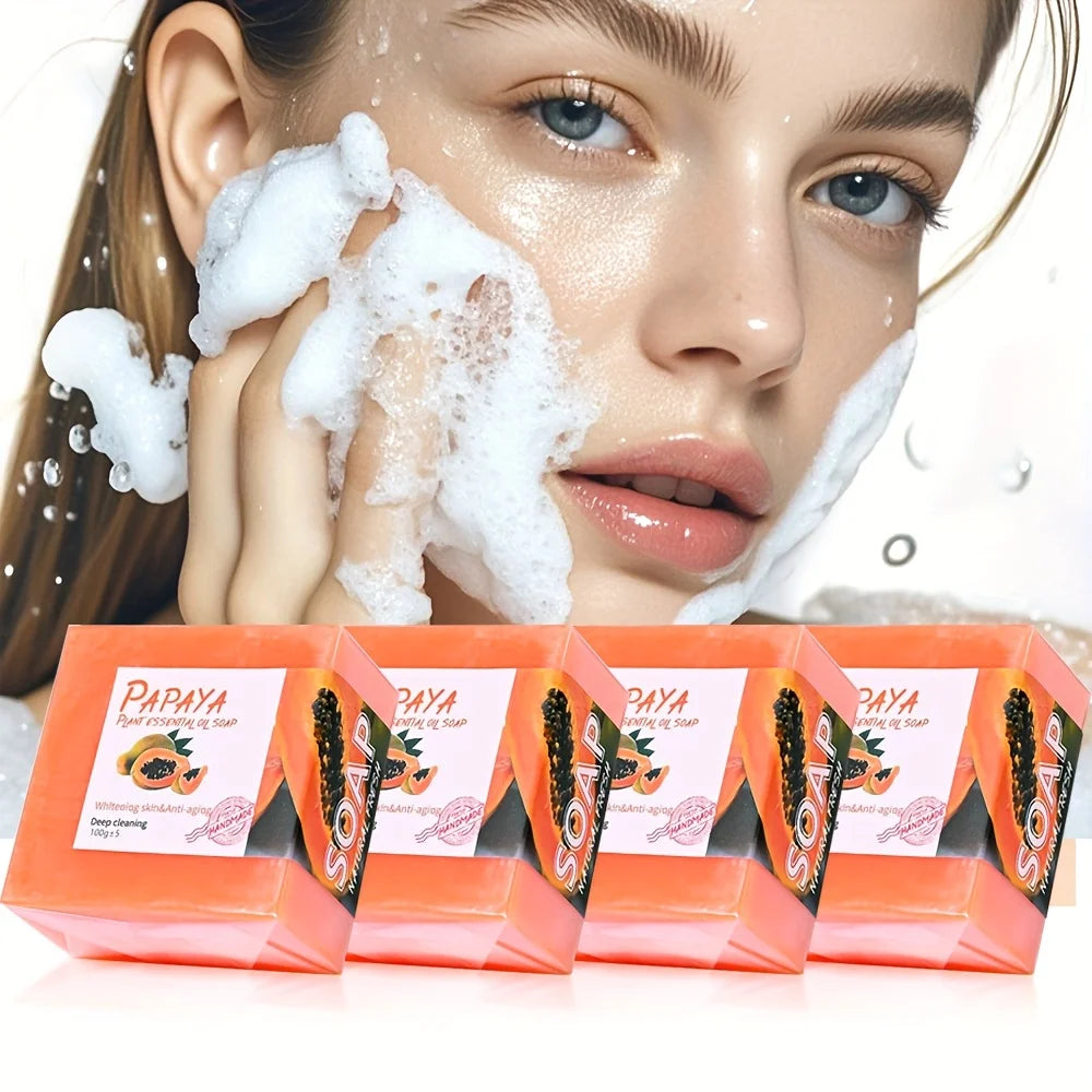 4 pièces/savon à l'huile essentielle de papaye pour le nettoyage du visage naturel hydratant blanchissant Rose Rose fait à la main