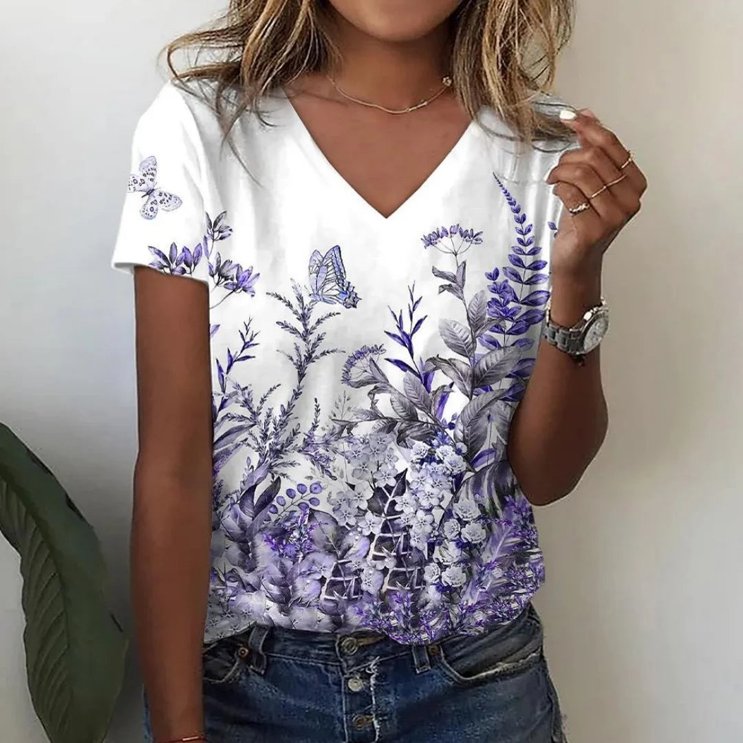 T-shirt femme été décontracté extérieur col en v blouse à manches courtes motif imprimé polyvalent grande taille ample confortable court
