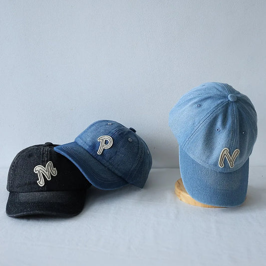 Chapeau de Baseball en Denim avec Lettres Brodées pour Garçon et Fille, Casquette à Visière, Couleur Unie, Protection Solaire, en Coton, Décontracté, pour Enfant, Nouvelle Collection