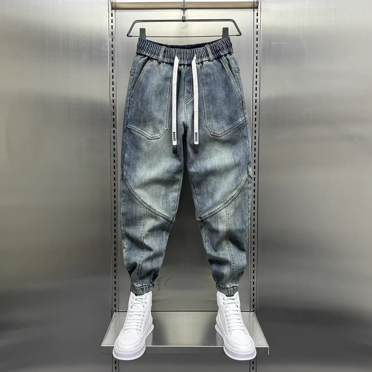 Jean Denim Bleu pour Homme, Pantalon Sarouel, Taille artificiel astique, Poignets, Vêtements de Luxe Décontractés, Mode Printemps-Automne, Nouveau, 2024