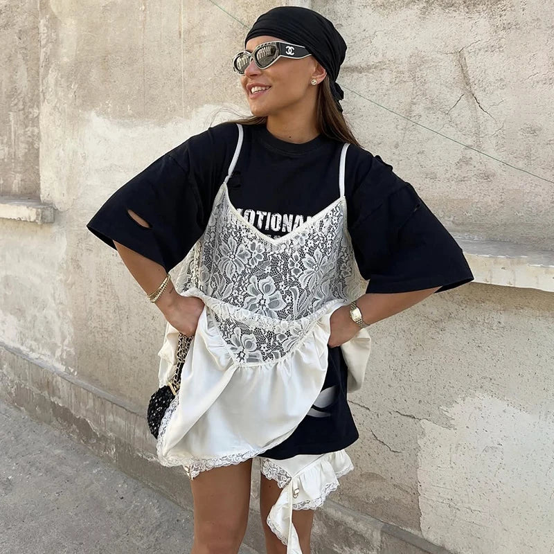 Tornova dentelle épissure fronde gilet t-shirt dame irrégulière voir à travers haut sexy col en V fille chaude décontracté fête déplacements réservoirs mode