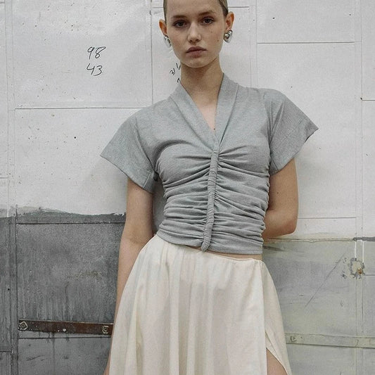 CUTENOVA femmes taille mince conception col en v couleur unie à manches courtes T-Shirt Sexy rétrécissement haut plissé mode polyvalent haut décontracté