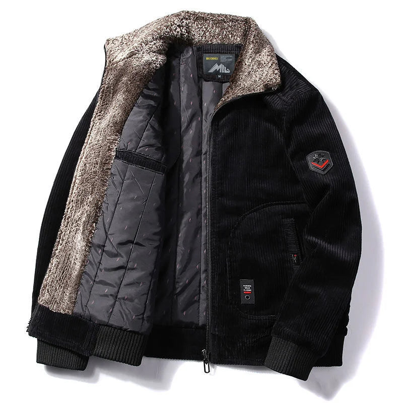 Coupe-Vent Thermique en Velours Côtelé pour Homme, Veste Chaude avec Col en Fourrure, Vêtement d'Extérieur Décontracté, Grande Taille, Hiver