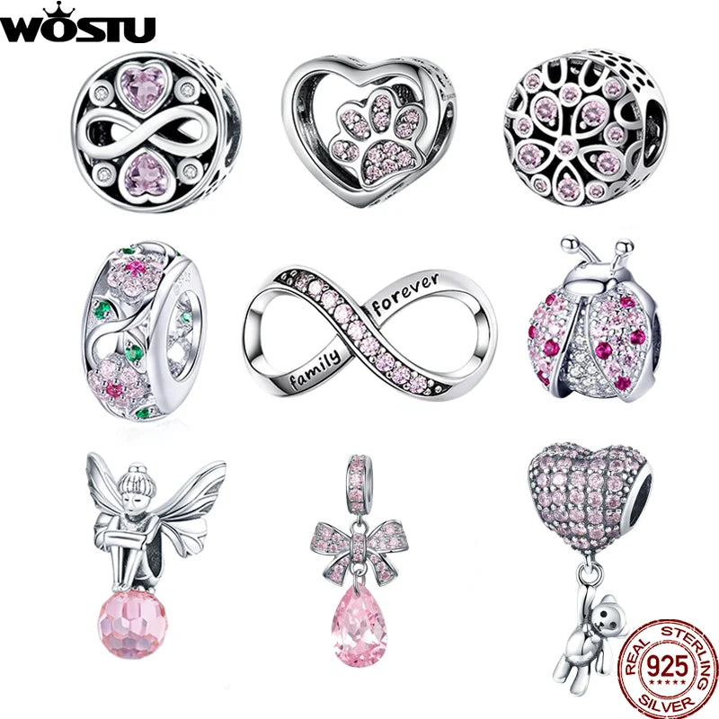 WOSTU 100% 925 argent Sterling rose Zircon cristal perles creux sculpté breloque pour la fabrication de bijoux ajustement Original Bracelet pendentif