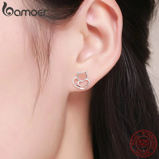 BAMOER-Boucles d'oreilles chat mignon en argent regardé 925 pour femme, bijoux authentiques, petit clou, mode, SCE271