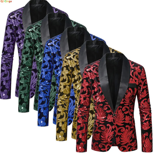 Vêtements d'extérieur pour performance sur scène à bouton unique orné de paillettes brillantes en bleu or vert violet Options pour veste de costume rouge pour hommes
