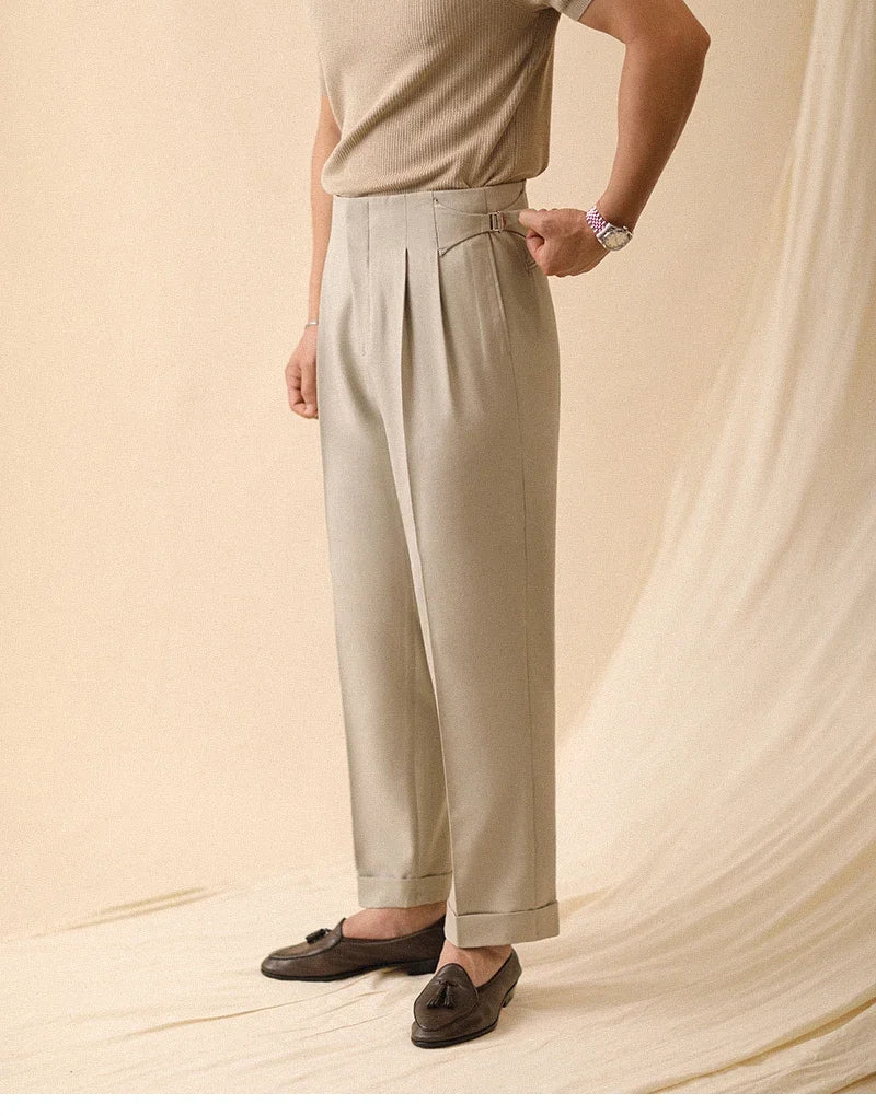 Pantalon droit d'été pour hommes bouton de Paris sans repassage coupe ample affaires Naples pantalons décontractés taille haute pantalon de bureau hommes