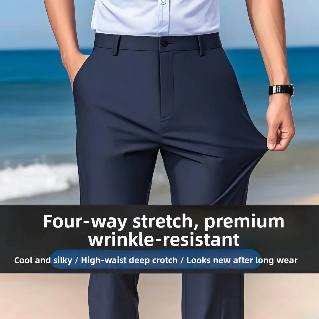 Pantalon pour hommes en soie glacée lisse et soyeuse, Ultra-fin, drapé à haute élasticité, décontracté, ample, jambe droite, Long, pour l'été, tenue de bureau