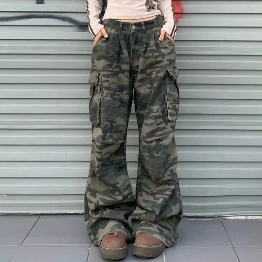 Femmes Camouflage Cargo jean américain Streetwear utilitaire pantalon rétro Jazz Hiphop Baggy Denim pantalon décontracté paresseux pantalon