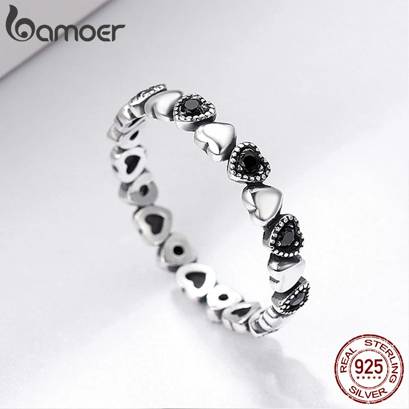 BAMOER véritable 925 bague empilable en argent Sterling coeur noir CZ bagues pour les femmes bijoux d'anniversaire de mariage Anel SCR140