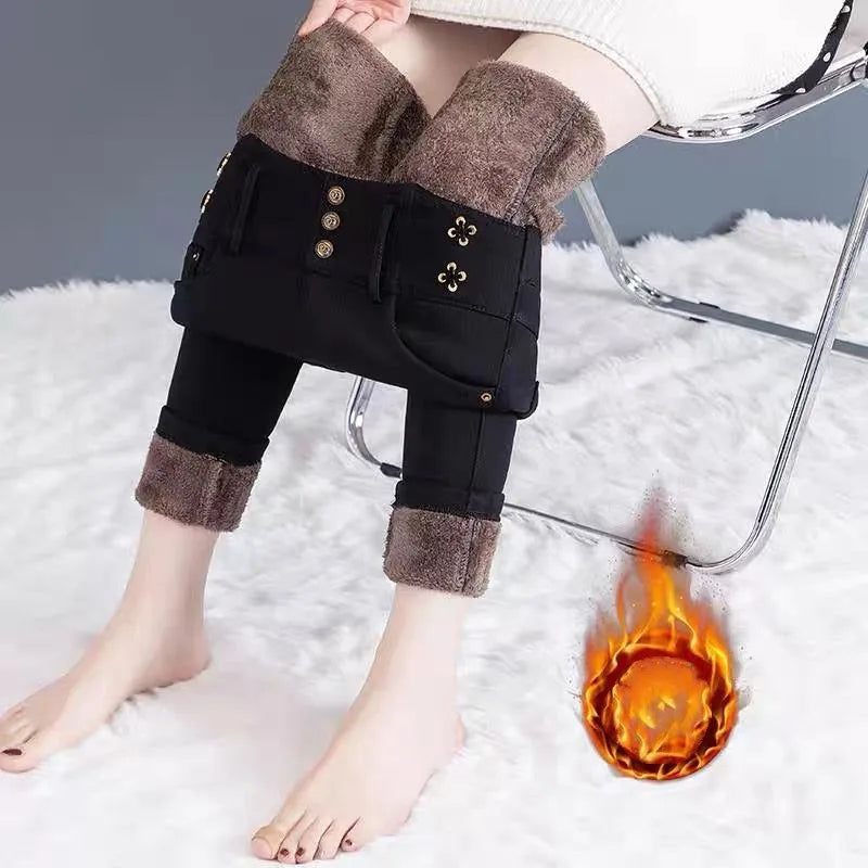 Jean taille haute élastique coréen avec peluche arctique, pantalon crayon droit noir mince, bouton solide, fermeture éclair, mode automne et hiver, nouveau